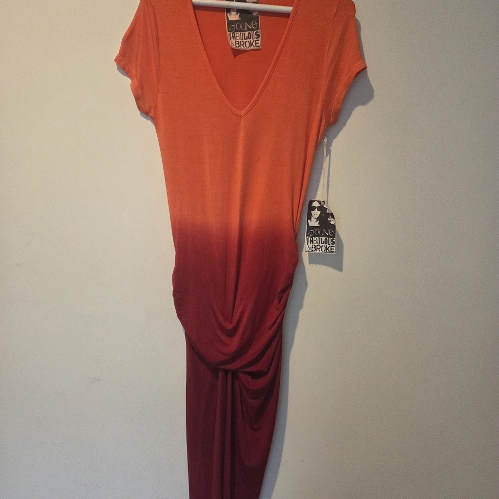Young Fabulous & Broke Red/orange Ombre cap sleeve vneck twist front knit dress